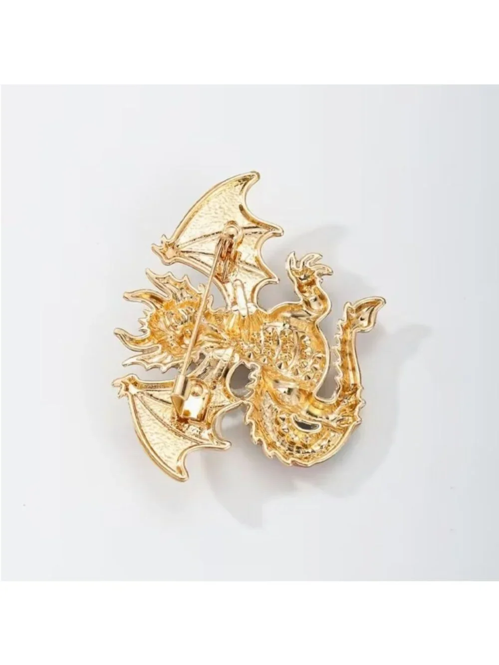Dragon Brooch Pin With Crystals & Multicolor Enamel Wings Gold Tone